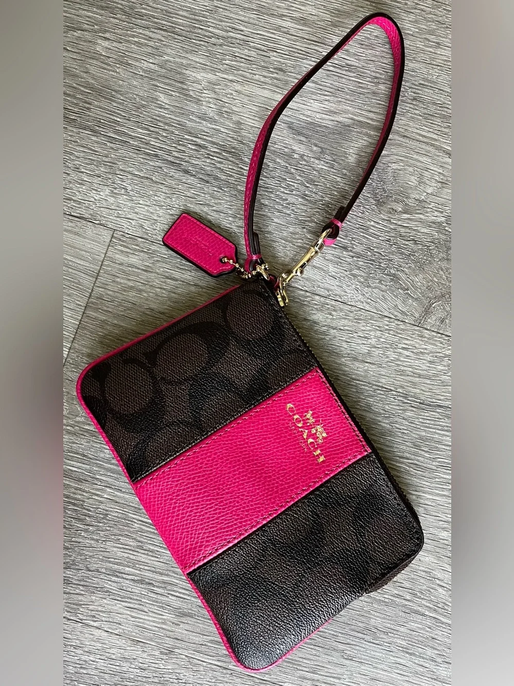 Coach Brown Signature Canvas Wristlet with Bright Pink Leather Accent